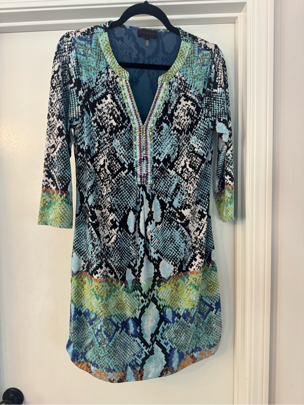 Hale Bob Blue and Teal Snake-Print Tunic with Embellished V-Neck
